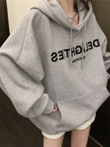 Grey Hooded Sweatshirt Women Loose Fit Fleece Winter Casual - Image 4