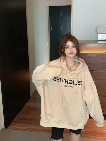 Grey Hooded Sweatshirt Women Loose Fit Fleece Winter Casual - Image 5