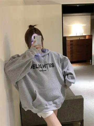 Grey Hooded Sweatshirt Women Loose Fit Fleece Winter Casual - Image 6