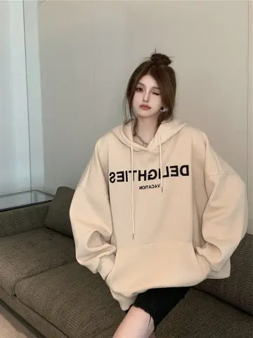 Grey Hooded Sweatshirt Women Loose Fit Fleece Winter Casual - Image 7