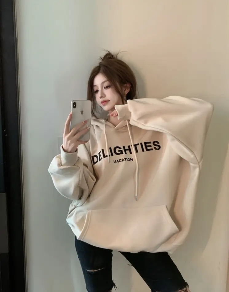 Grey Hooded Sweatshirt Women Loose Fit Fleece Winter Casual — feature 3