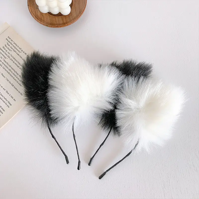 Plush Cat Ear Hairbands Black White for Women