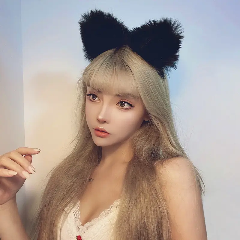 Plush Cat Ear Hairbands Black White for Women