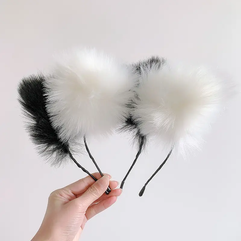 Plush Cat Ear Hairbands Black White for Women
