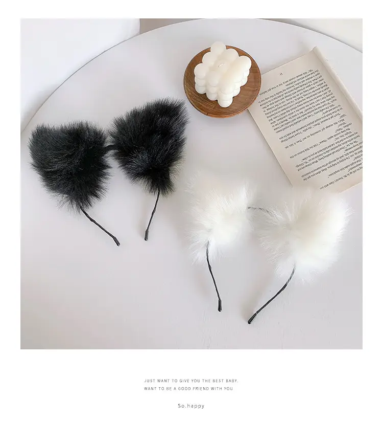 Plush Cat Ear Hairbands Black White for Women — feature 11