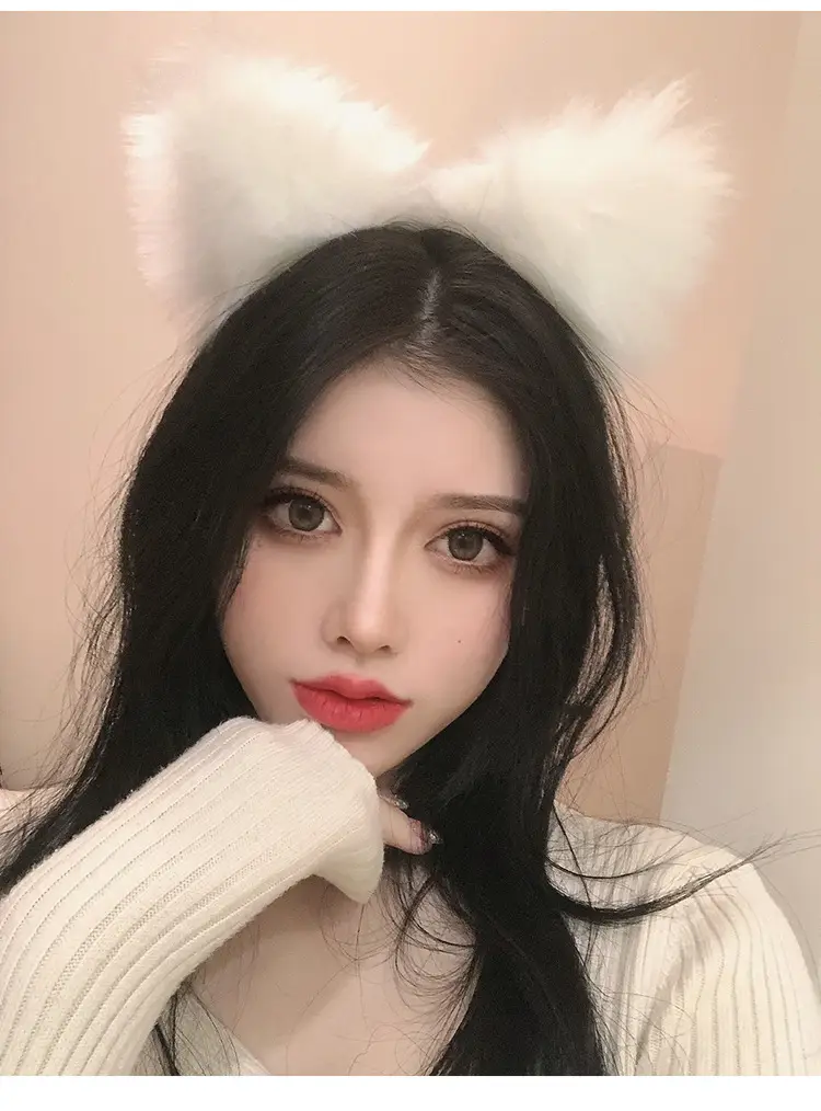 Plush Cat Ear Hairbands Black White for Women — feature 12
