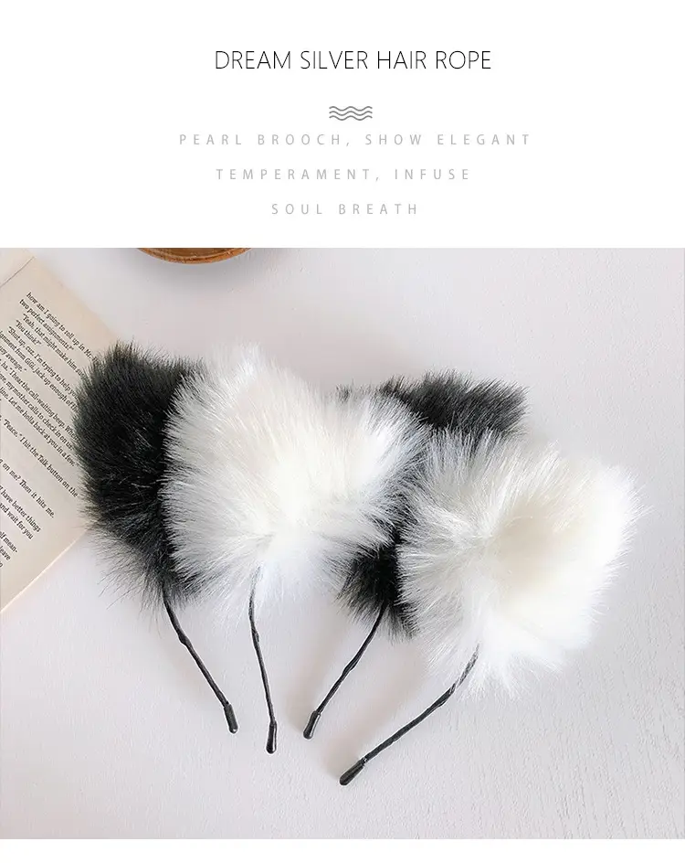 Plush Cat Ear Hairbands Black White for Women — feature 2