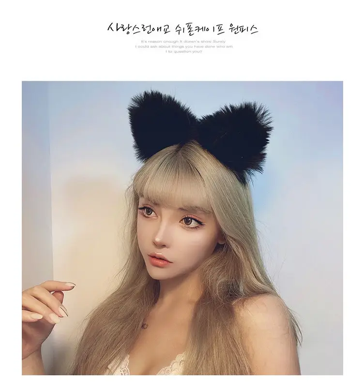 Plush Cat Ear Hairbands Black White for Women — feature 3