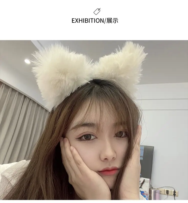 Plush Cat Ear Hairbands Black White for Women — feature 5