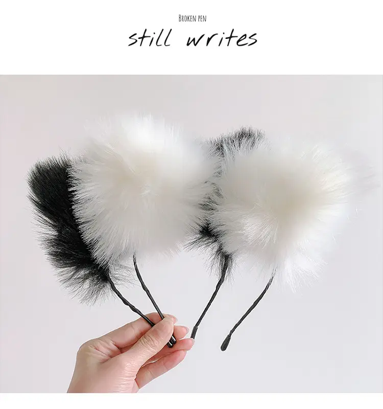 Plush Cat Ear Hairbands Black White for Women — feature 6
