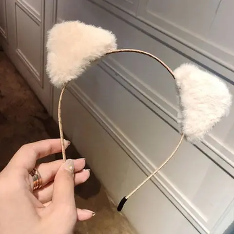Plush Cat Ear Hairbands Black White for Women