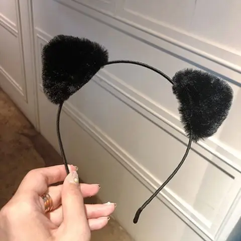 Plush Cat Ear Hairbands Black White for Women