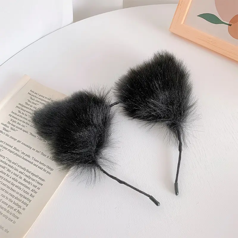 Plush Cat Ear Hairbands Black White for Women