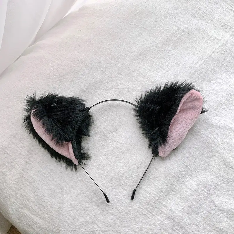 Plush Cat Ear Hairbands Black White for Women