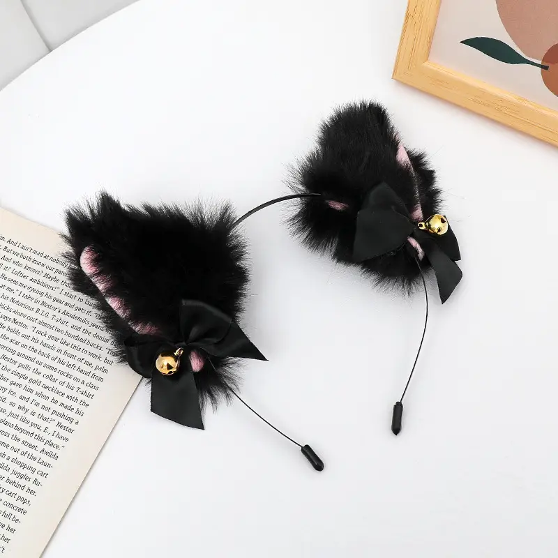 Plush Cat Ear Hairbands Black White for Women