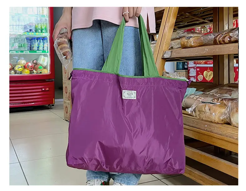 Purple Cross-Border Foldable Tote Bag with Green Handles — feature 15
