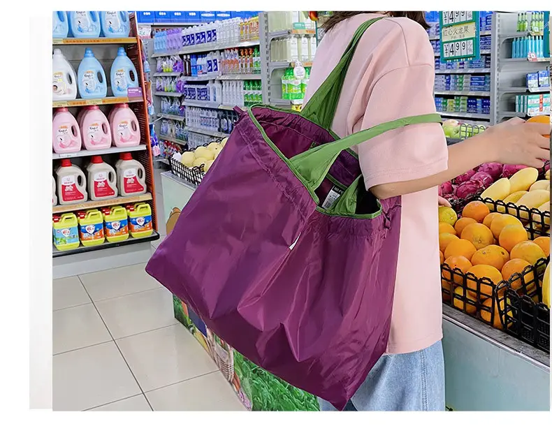 Purple Cross-Border Foldable Tote Bag with Green Handles — feature 18