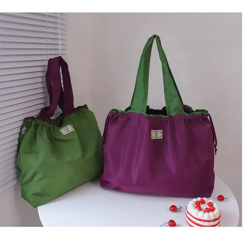 Purple Cross-Border Foldable Tote Bag with Green Handles — feature 27