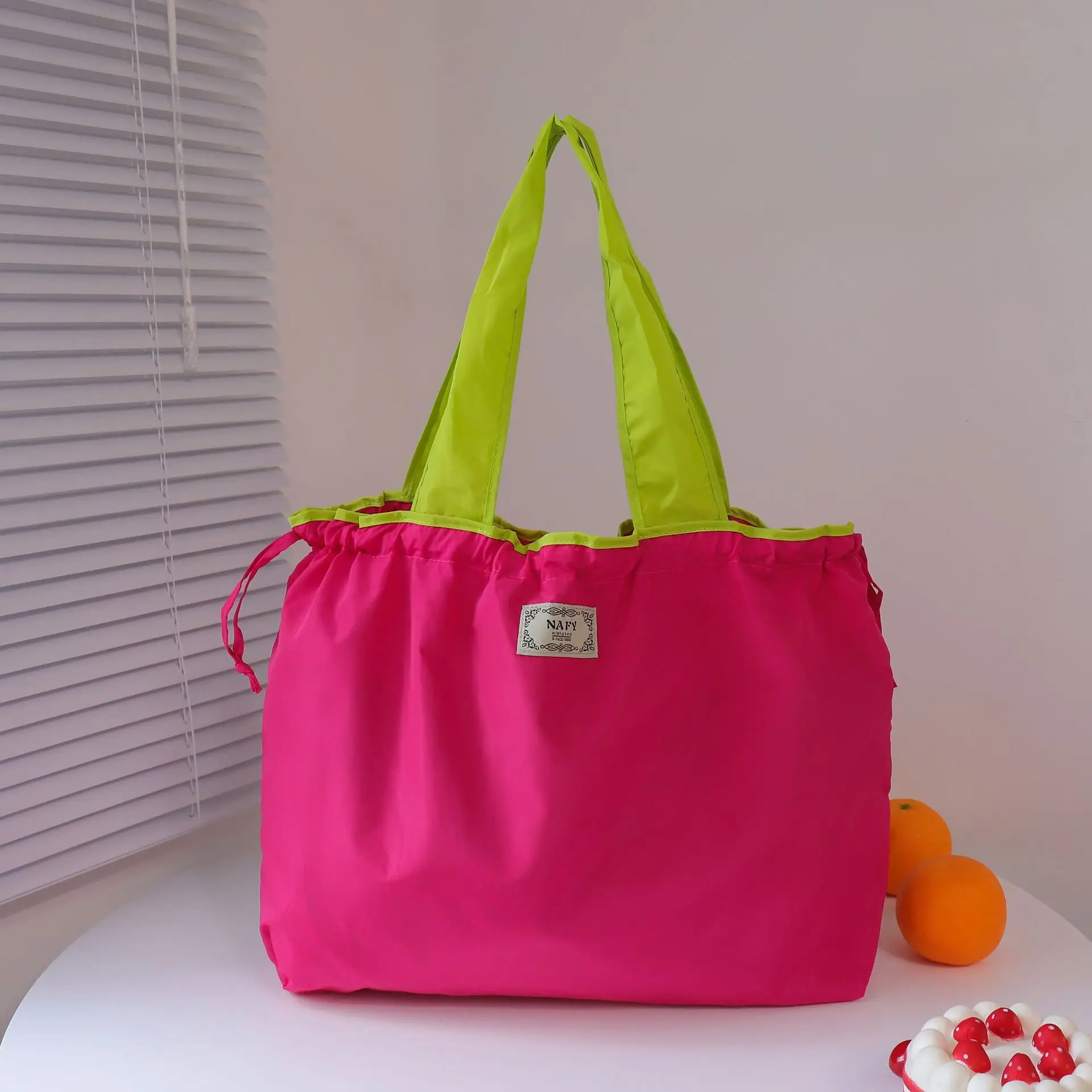 Purple Cross-Border Foldable Tote Bag with Green Handles - Image 10