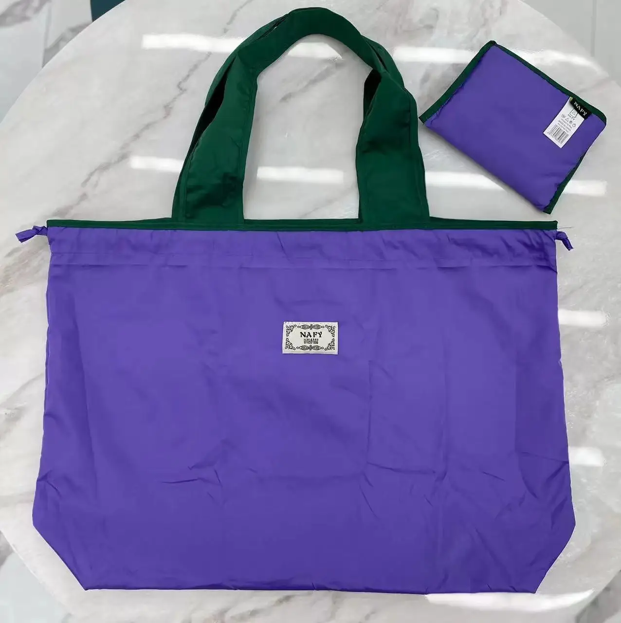 Purple Cross-Border Foldable Tote Bag with Green Handles - Image 16