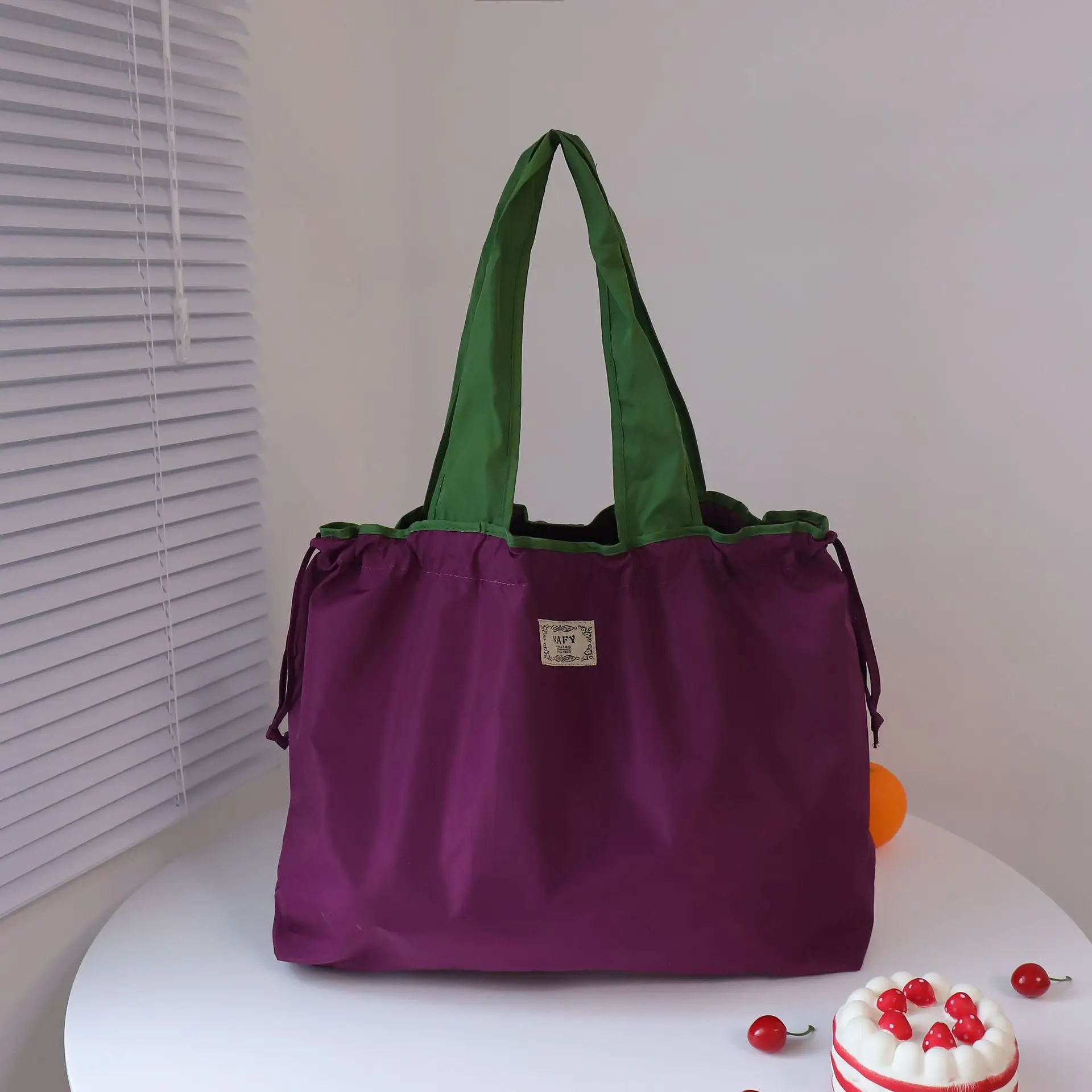 Purple Cross-Border Foldable Tote Bag with Green Handles - Image 2