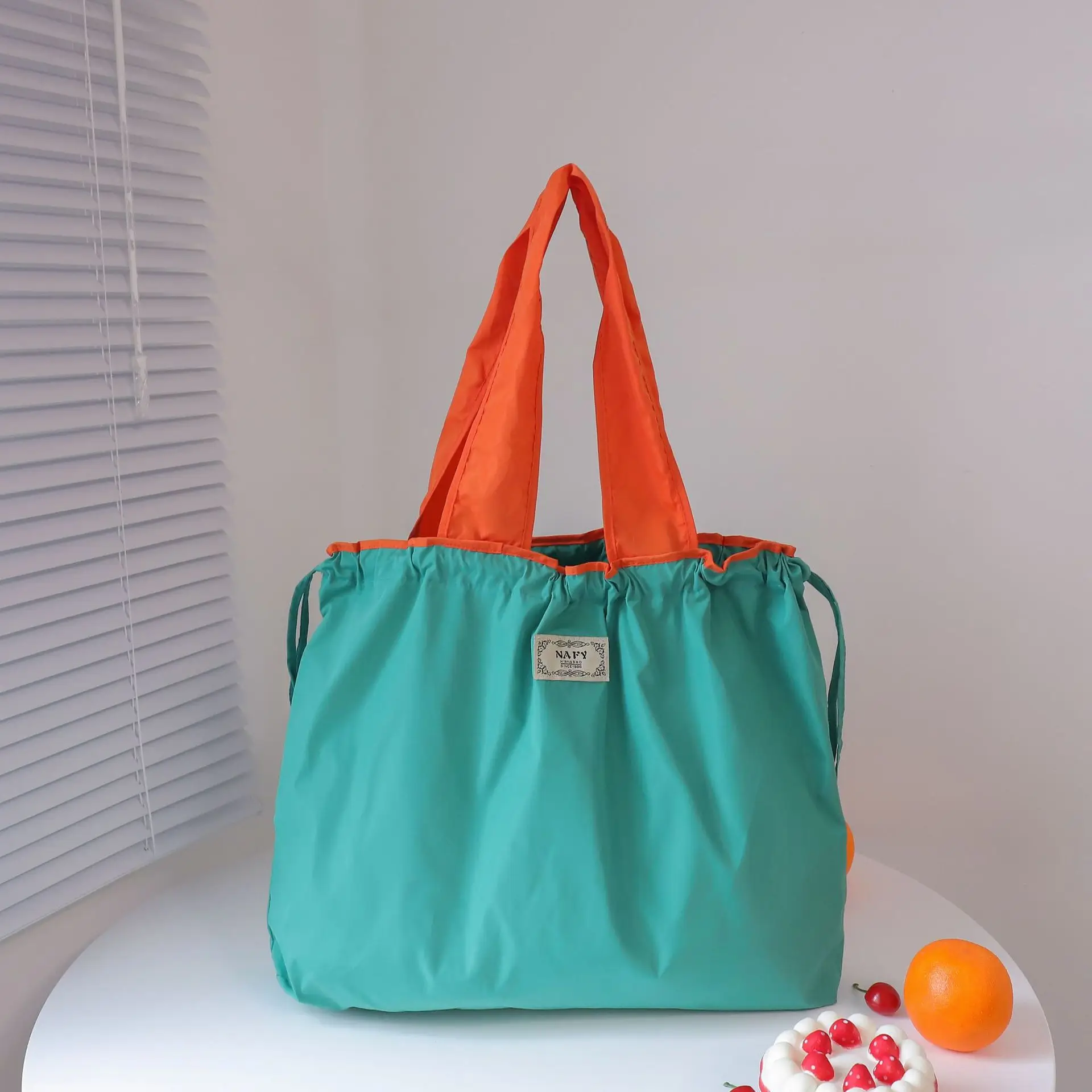 Purple Cross-Border Foldable Tote Bag with Green Handles - Image 5