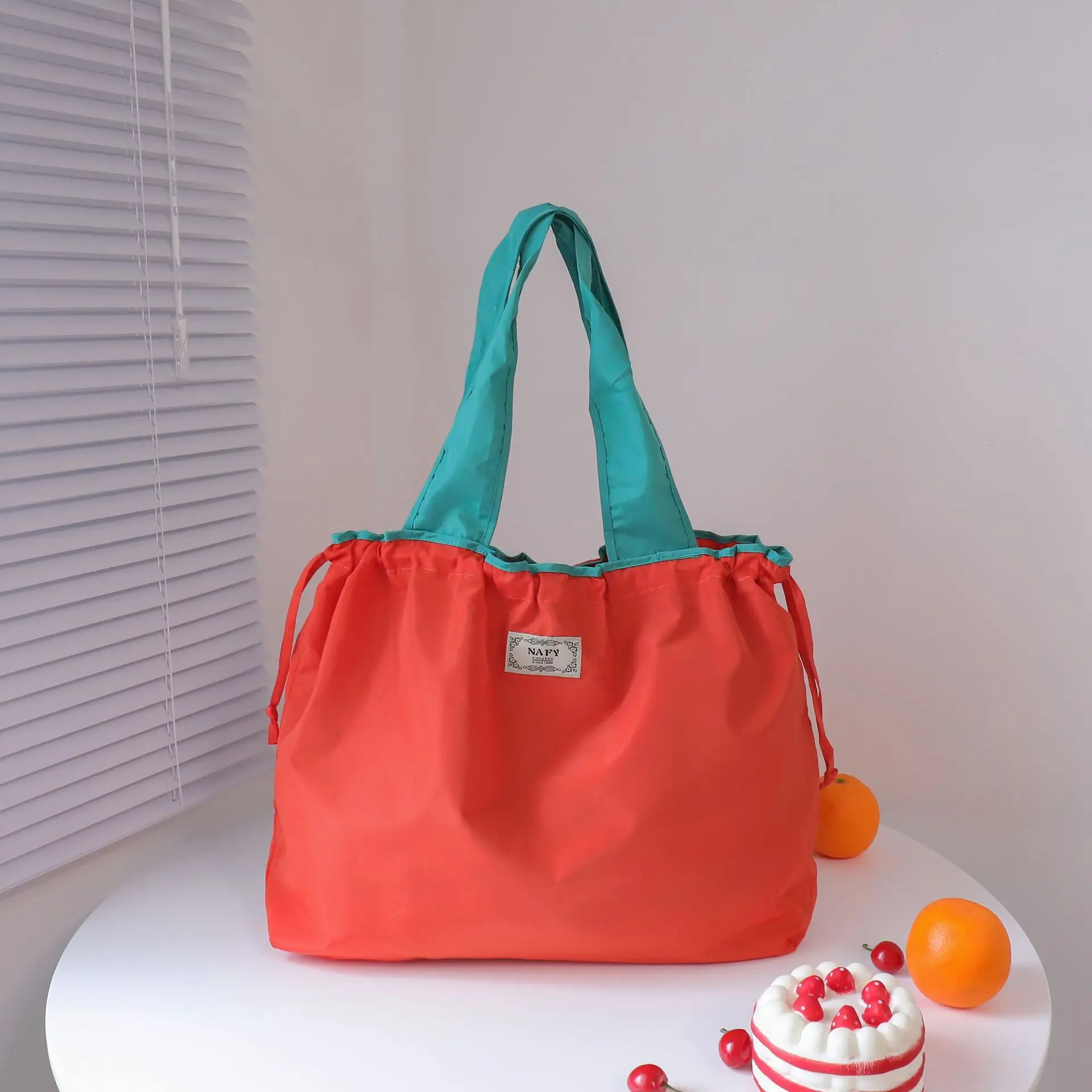 Purple Cross-Border Foldable Tote Bag with Green Handles - Image 6