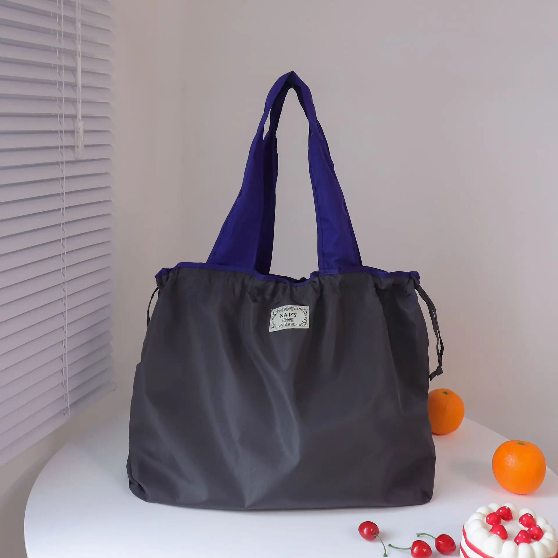 Purple Cross-Border Foldable Tote Bag with Green Handles - Image 7