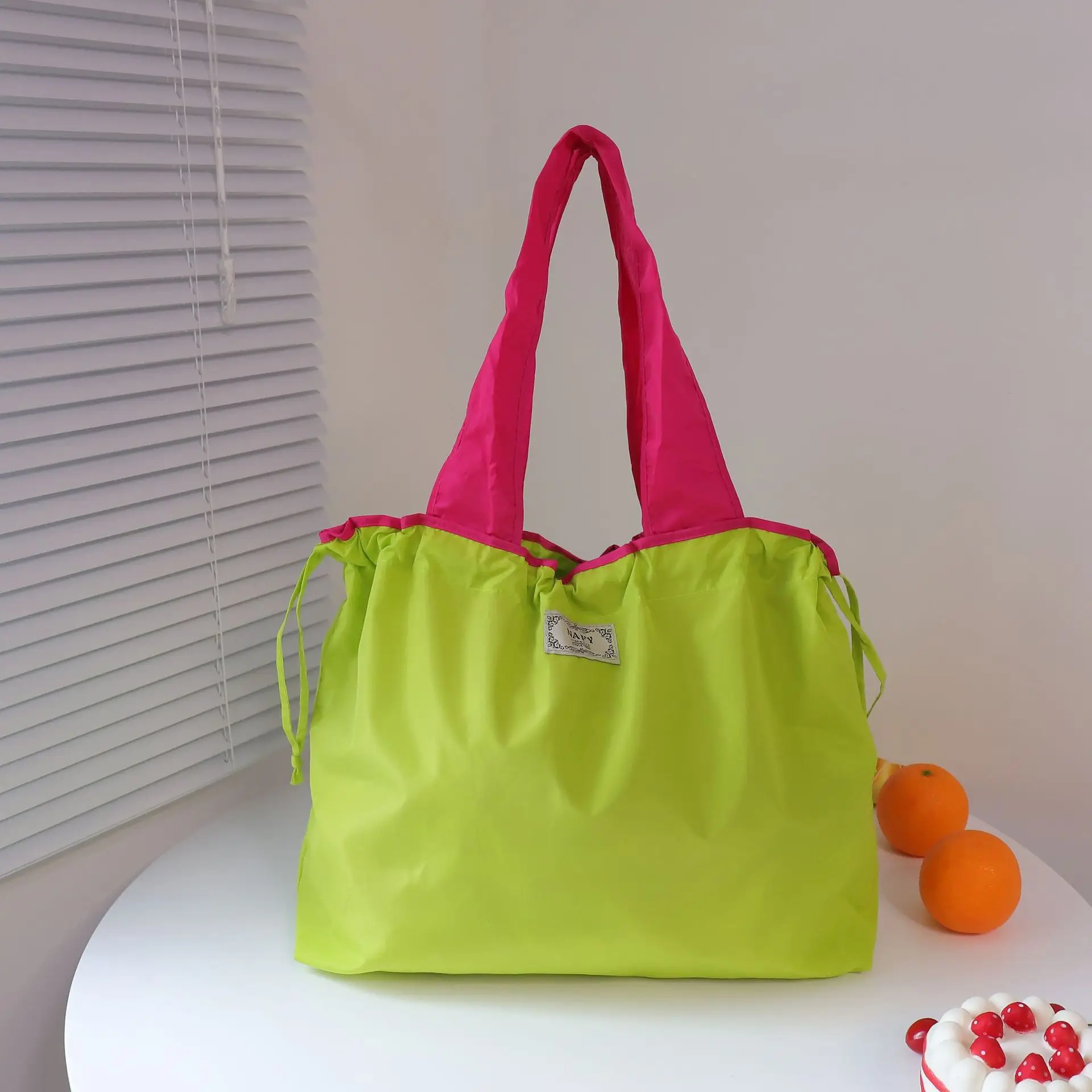 Purple Cross-Border Foldable Tote Bag with Green Handles - Image 9