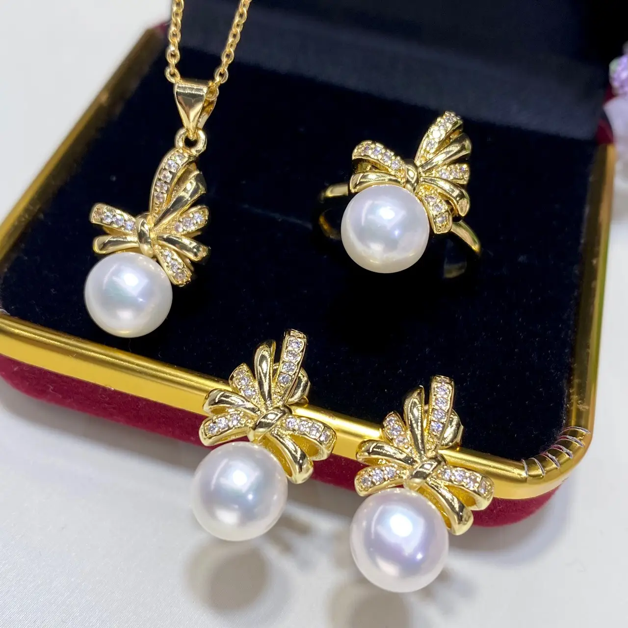 2025 Pearl Pendant Ring Earrings Set 8.5mm Gold - Image 2