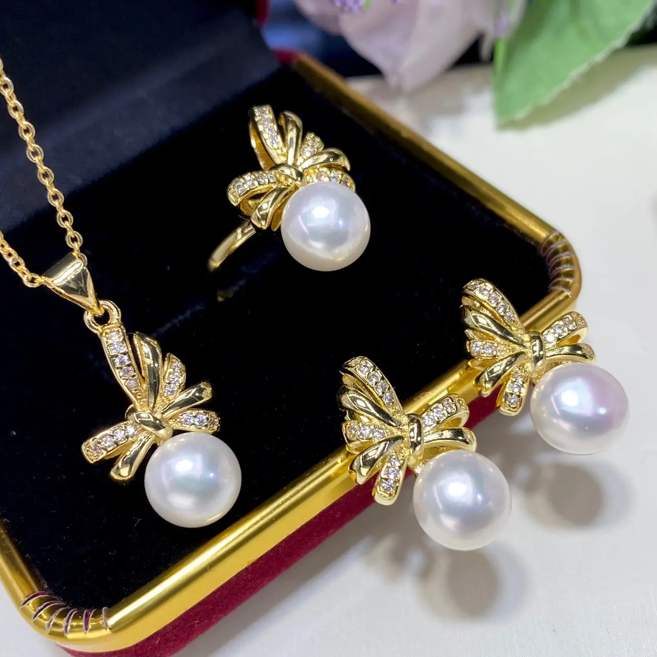 2025 Pearl Pendant Ring Earrings Set 8.5mm Gold - Image 3