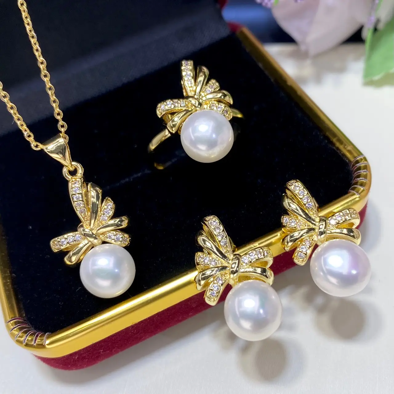 2025 Pearl Pendant Ring Earrings Set 8.5mm Gold - Image 4