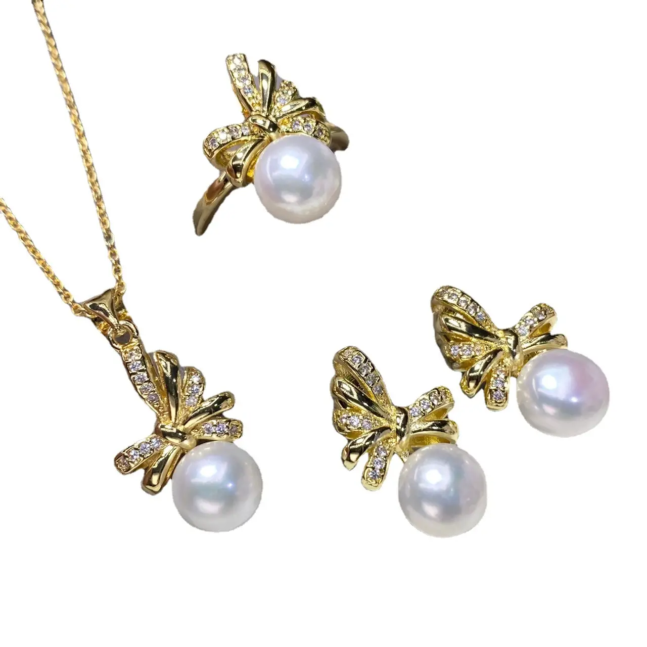 2025 Pearl Pendant Ring Earrings Set 8.5mm Gold - Image 5