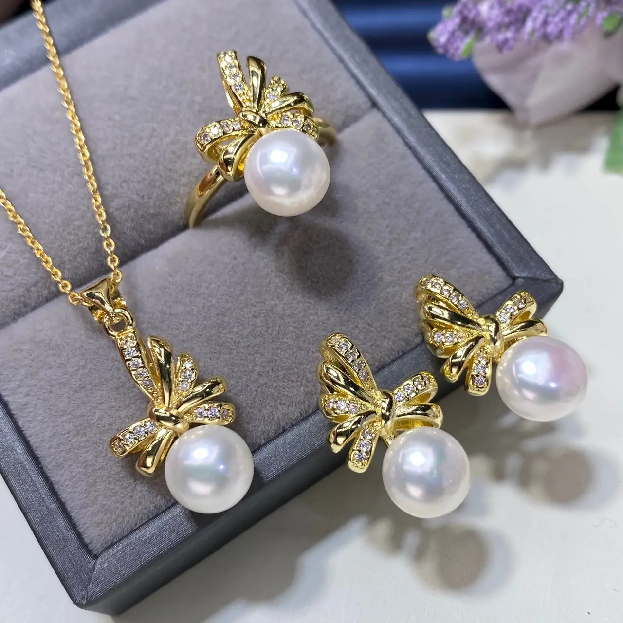 2025 Pearl Pendant Ring Earrings Set 8.5mm Gold — feature 1