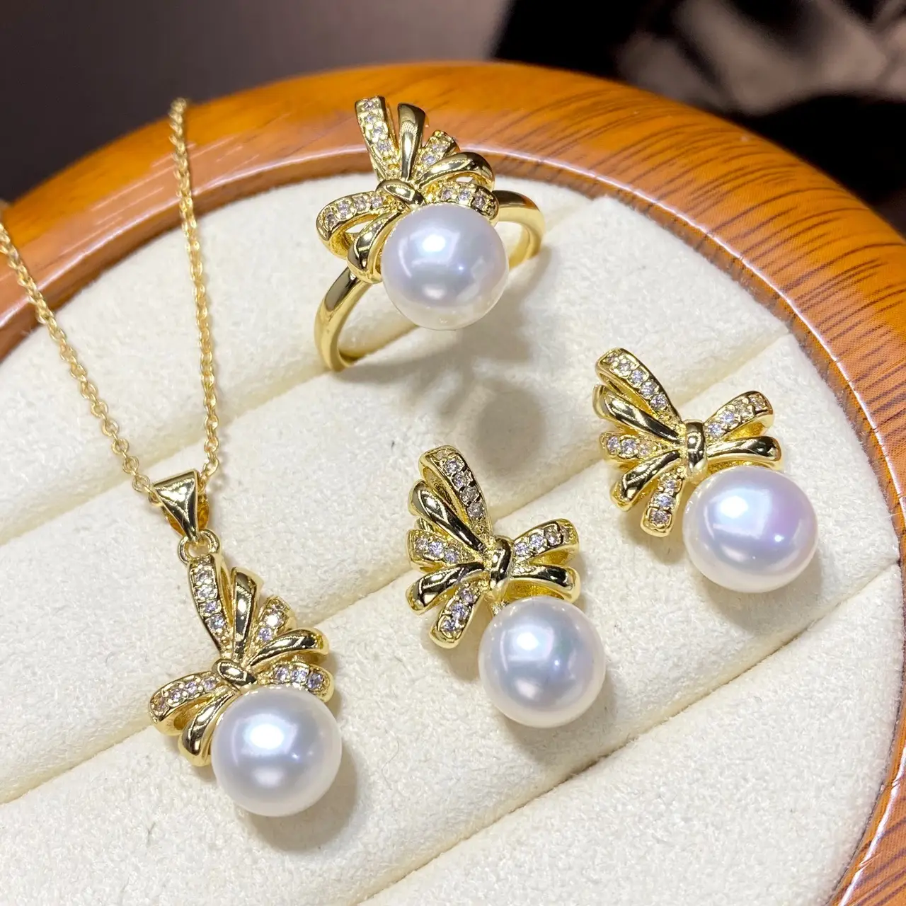 2025 Pearl Pendant Ring Earrings Set 8.5mm Gold — feature 6
