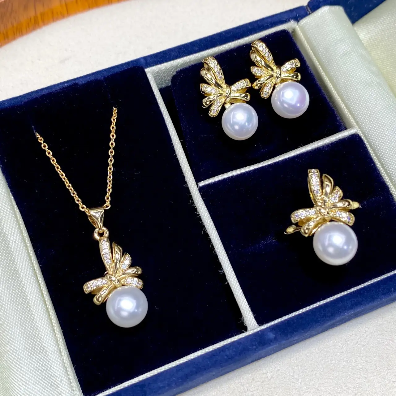 2025 Pearl Pendant Ring Earrings Set 8.5mm Gold — feature 7