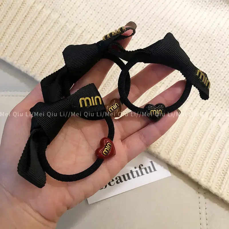 Black Min Logo Hair Rope with Heart Charm - Image 4