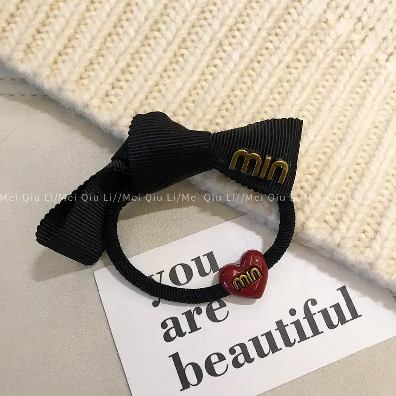 Black Min Logo Hair Rope with Heart Charm - Image 5