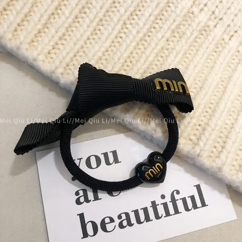 Black Min Logo Hair Rope with Heart Charm - Image 6