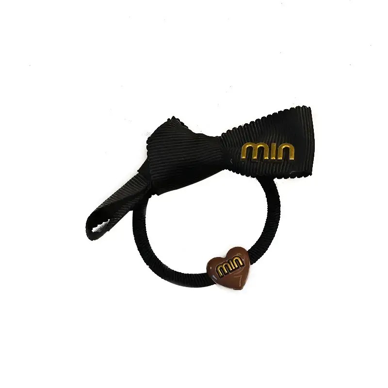 Black Min Logo Hair Rope with Heart Charm - Image 7