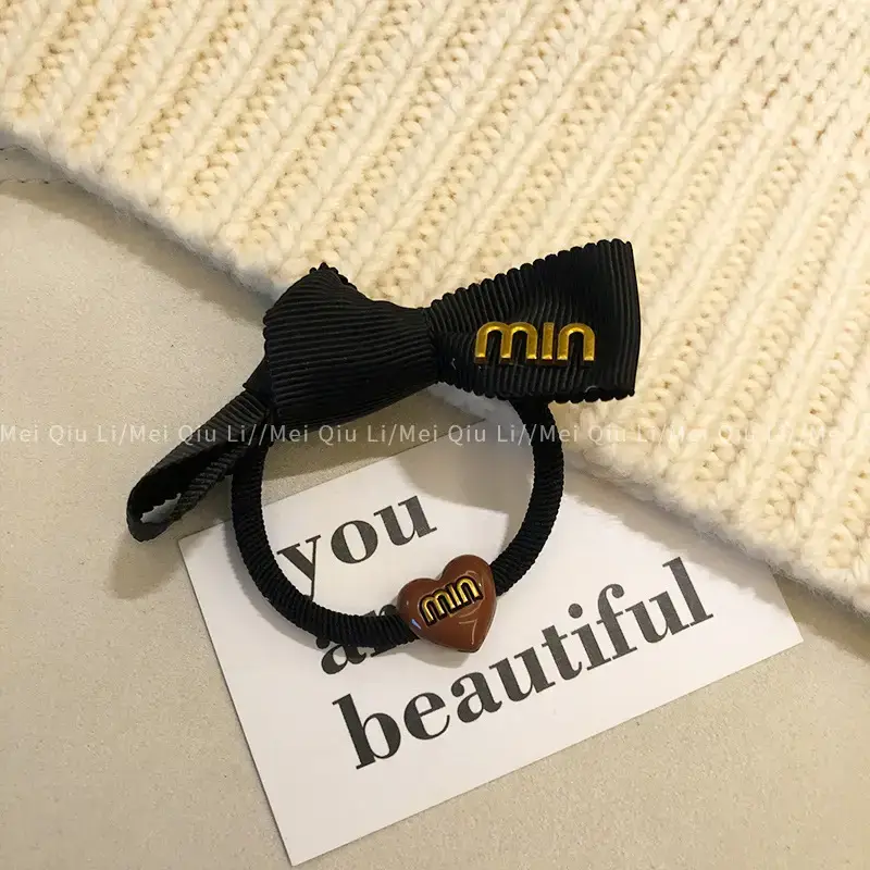 Black Min Logo Hair Rope with Heart Charm - Image 2