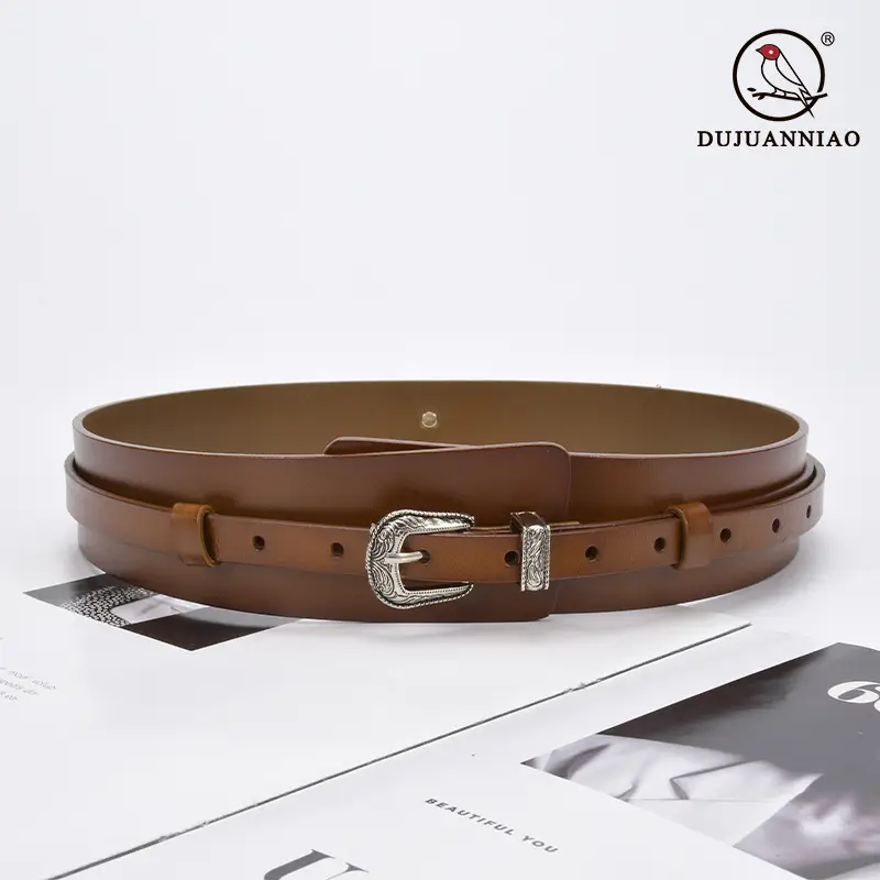 Women's Olive Green Real Cowhide Belt with Buckle - Image 6