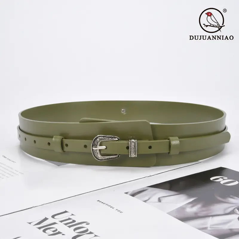 Women's Olive Green Real Cowhide Belt with Buckle - Image 7