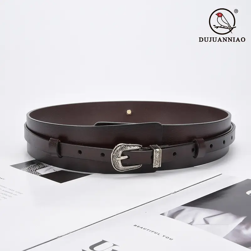 Women's Olive Green Real Cowhide Belt with Buckle - Image 8