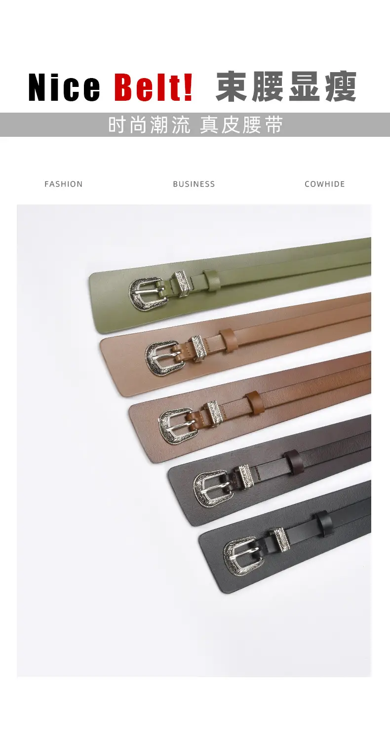 Women's Olive Green Real Cowhide Belt with Buckle β feature 14