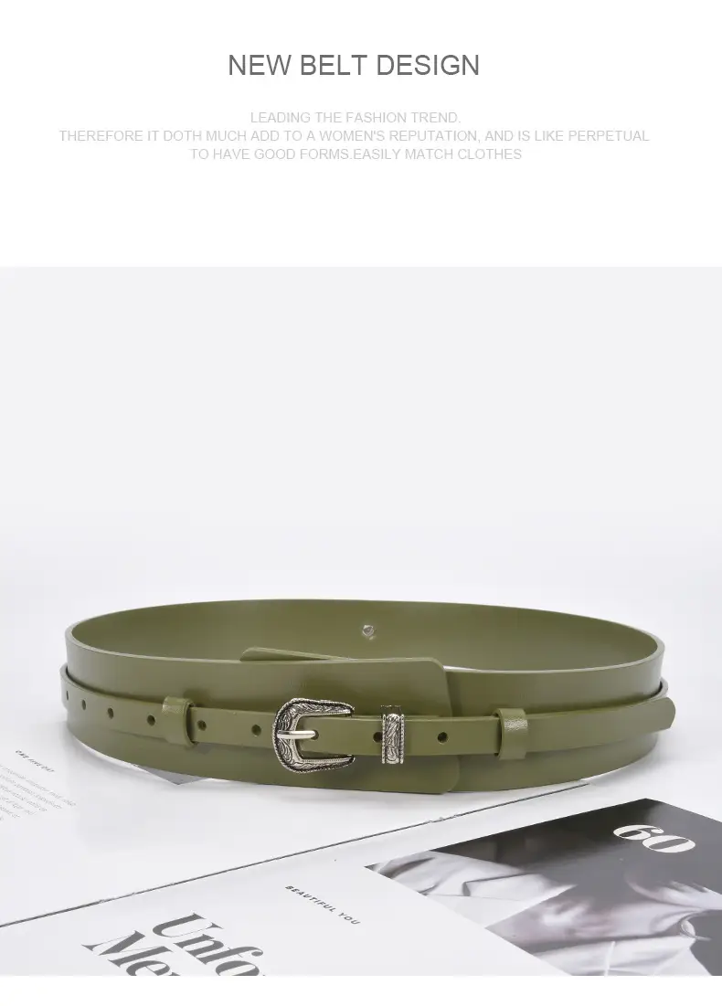 Women's Olive Green Real Cowhide Belt with Buckle β feature 23