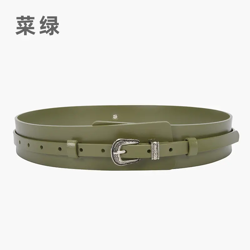 Women's Olive Green Real Cowhide Belt with Buckle