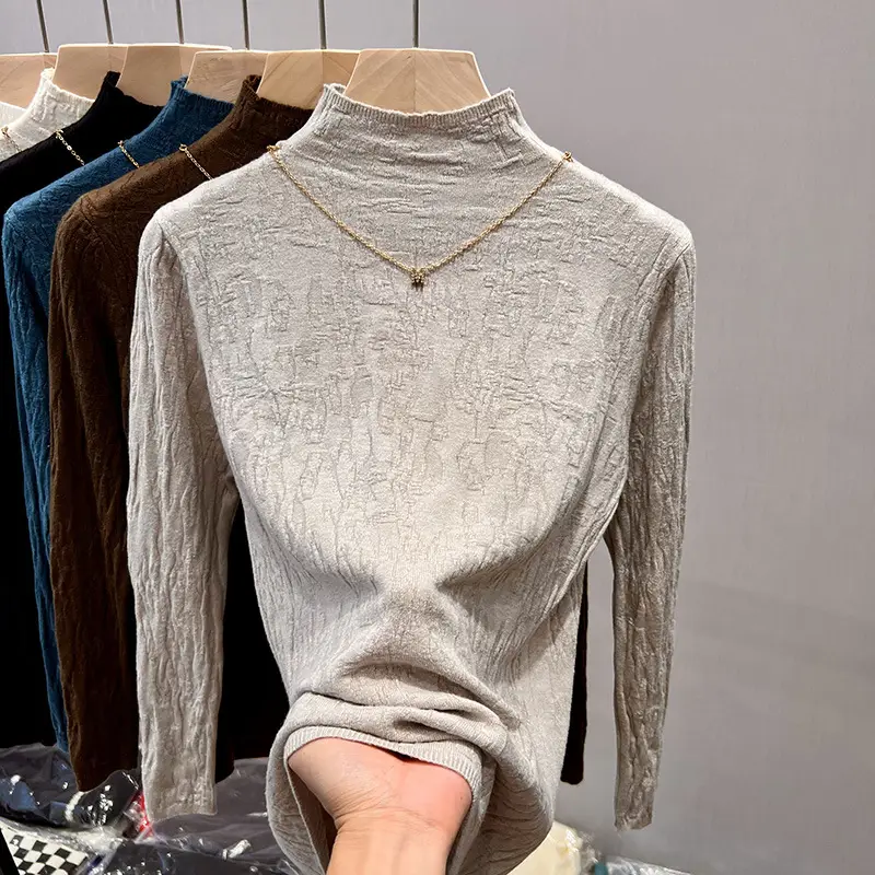 Women's Blue Knitted Semi-High Collar Shirt - Image 4