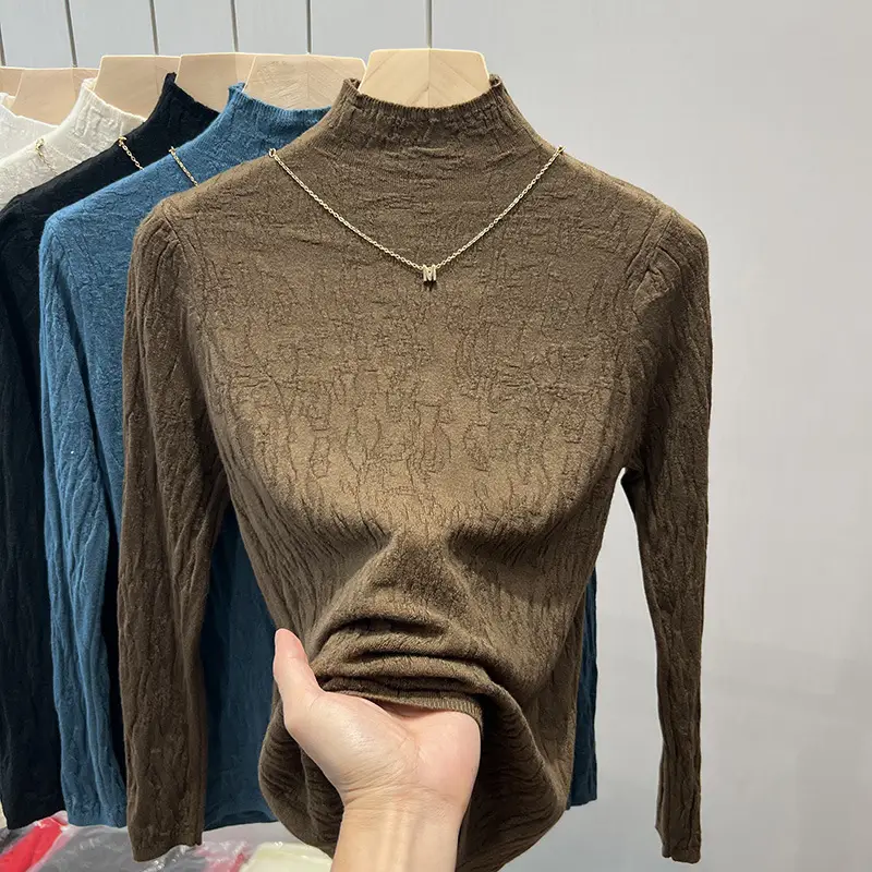 Women's Blue Knitted Semi-High Collar Shirt - Image 2
