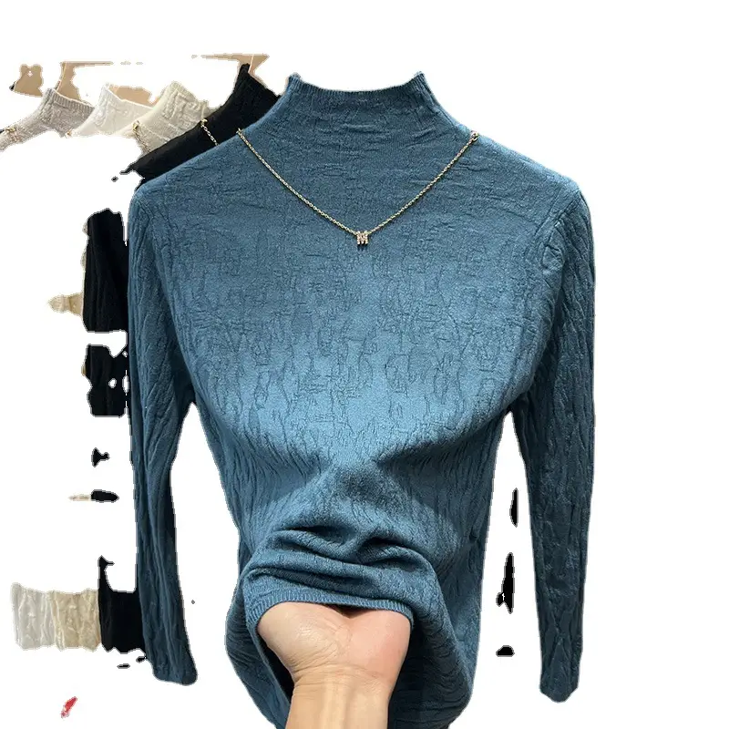 Women's Blue Knitted Semi-High Collar Shirt - Image 5